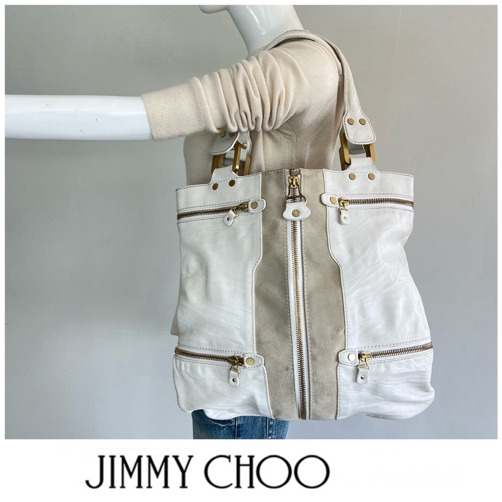 JIMMY CHOO Mona White Lght Gray Leather Suede Extendable Large Shoulder Bag Tote